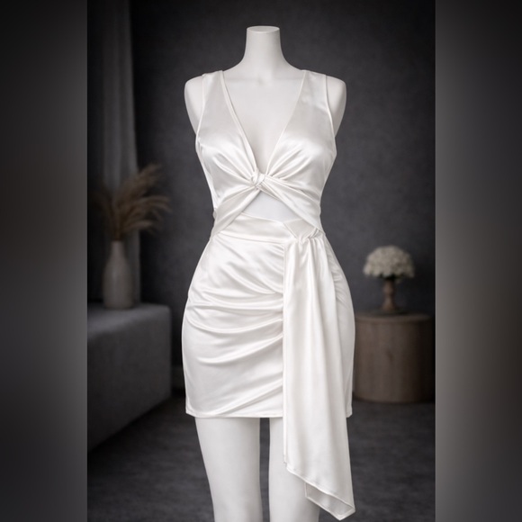 Fashion Nova Dresses & Skirts - Fashion Nova White Thicker Satin Cut Out Mini Dress With Dramatic Waist Tie